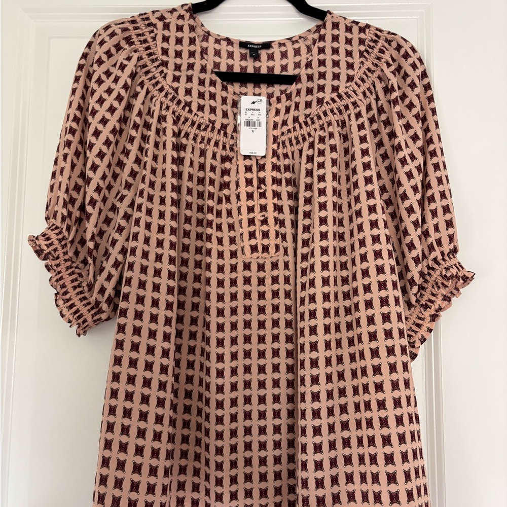Express Pink Puff Sleeve Blouse with Bib Collar